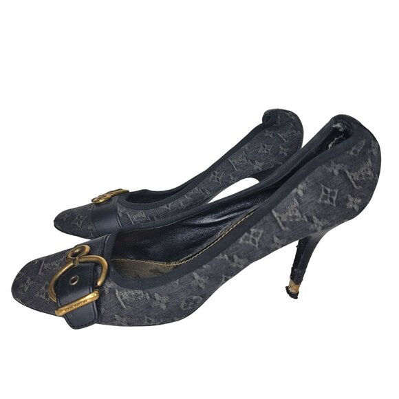 Louis Vuitton Monogram Buckle Heels Black & Gold Size 39.5 EU Leather & Canvas - Picture 7 of 11